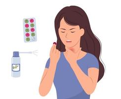 A girl with a sore throat with a tablet for resorption. Vector illustration