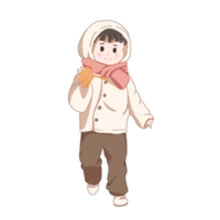 garoto bonito está vestindo casaco com roupa de inverno. personagem de desenho animado desenhado à mão png