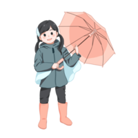 Cute girl is wearing raincoat and holding umbrella. character hand drawn cartoon png