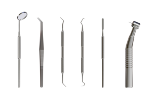 Conjunto de ferramentas odontológicas profissionais realistas 3D para inspeção odontológica. cuidados com os dentes, conceito de saúde. equipamento médico básico de metal, vista superior do instrumento. ilustração isolada em fundo transparente png