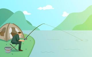 Man Fishing and Camping among Mountain and Lake Scenery vector