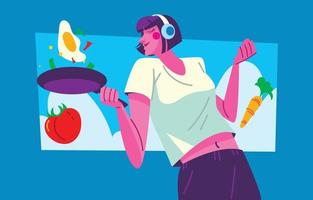 Happy Cute Girl Cooking and Listening Music with Her Headphones vector