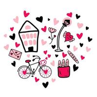 Hand drawn heart-shaped pattern for Valentine Day with baguettes and bicycle. vector