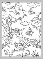 Cute unicorn with a butterfly on a summer lawn. Coloring page. vector