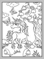 Cute unicorn with a butterfly on a summer lawn. Coloring page. vector