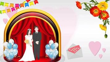 convite de casamento com fundo de pódio de casal rosa e branco animado e flores e balões com área de espaço de cópia adequada para cartões video