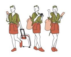 icono de ilustración de expresión de mujer viajera vector
