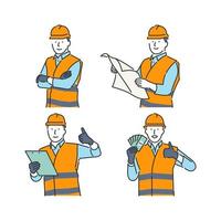 Illustration icon of a worker in an orange protective suit having an expression vector