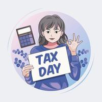 Tax day. Young business woman show calculator and gesture ok vector ilustration pro download