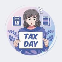 Tax day. Surprised young woman holding paper with tax day message vector illustration free download