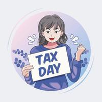 día de impuestos. mujer joven feliz sosteniendo papel con mensaje del día de impuestos ilustración vectorial descarga gratuita vector