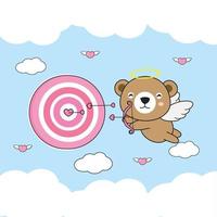 Valentine's Day greeting card .Cute Bear Cupid  shoots an arrow at a target. vector