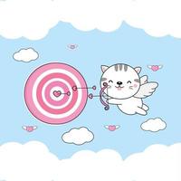 Valentine's Day greeting card .Cute Cat Cupid  shoots an arrow at a target. vector