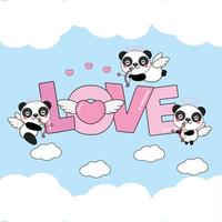 Cute Panda Cupids fly in the clouds with heart and Love text.Illustration for Valentines day design. vector