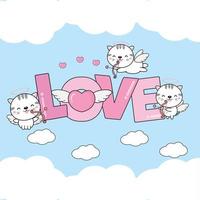 lindos gatos cupidos vuelan en las nubes con corazón y texto de amor. ilustración para el diseño del día de san valentín. vector