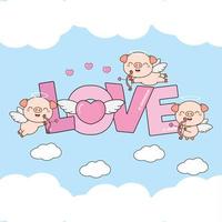 Cute Pig Cupids fly in the clouds with heart and Love text.Illustration for Valentines day design. vector