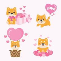 conjunto de lindo perro shaiba enamorado del día de san valentín. estilo de dibujos animados de animales. vector