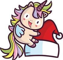lindo unicornio sosteniendo el sombrero de santa vector