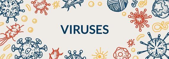 Virus horizontal banner. Scientific vector illustration in sketch style