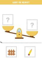 Light, heavy or equal. Cut pictures below and glue to the right box. vector