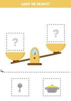 Light, heavy or equal. Cut pictures below and glue to the right box. vector