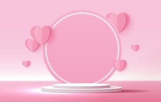 Pink podium display background products for valentine day in love platform. stand to show cosmetic with craft style. symbols of love for happy. vector design.