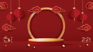 Podium stage chinese style for chinese new year and festivals or mid autumn festival with red background. mock up stage with festive lanterns and clouds. vector design.