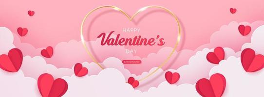 cartel de feliz día de san valentín o plantilla de banner. hermosas nubes blancas cortadas en papel con corazones sobre fondo rosa. lugar para el texto. diseño vectorial vector