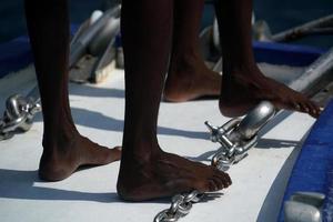 black man migrant feet detail no shoes photo