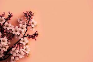 cherry blossoms in full bloom on a pink background copy space photo