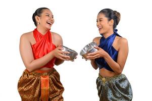 Portrait two woman in Songkran festival with water bowl photo