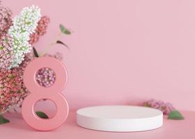 White podium with flowers on pink background. Womans Day. Platform, stage for beauty, cosmetic products presentation. Mock up. Display, showcase. 3D rendering. photo