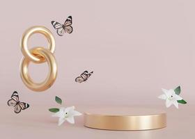 Golden podium with flying flowers and butterflies. Womans Day. Platform, stage for beauty, cosmetic products presentation. Mock up. Display, showcase. 3D rendering. photo