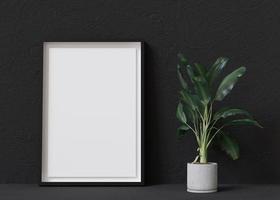 Vertical picture frame mock up on black background. Empty frame standing on the floor. Copy space to show your artwork. Indoor plant. 3D rendering. photo