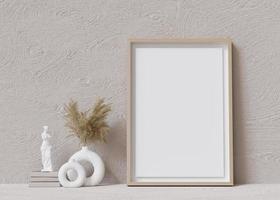 Vertical picture frame mock up. Empty frame standing on the floor. Copy space to show your artwork. Pampas grass in vase, sculpture. 3D rendering. photo