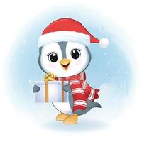 lindo pingüino y caja de regalo. ilustración de la temporada de navidad vector