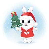 Little Rabbit and Christmas tree. Christmas season illustration. vector