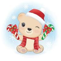 lindo oso y bastón de caramelo, ilustración de la temporada navideña. vector
