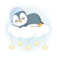 pequeño pingüino lindo durmiendo en la nube vector