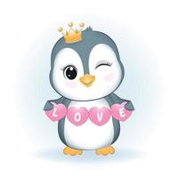 lindo pequeño pingüino y corazón animal ilustración de dibujos animados vector