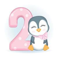 pequeño pingüino lindo y número 2 vector