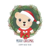 Cute Bear and Christmas wreath. Christmas and New Year illustration vector