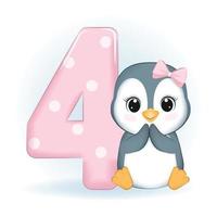 pequeño pingüino lindo y número 4 vector