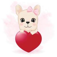 lindo bulldog francés y corazón ilustración del concepto de día de san valentín vector