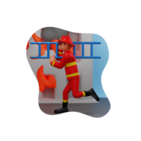 bombero corriendo para una emergencia de evacuación usando una escalera, ilustración de personajes en 3d png