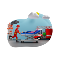 los bomberos salvan a la víctima del fuego, ilustración de personajes en 3d png