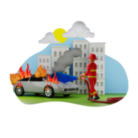 feuerwehrmann verwässert feuer auf einer 3d-charakterillustration des autos png