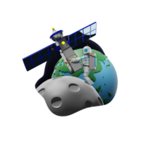 astronaute en combinaison spatiale travaille dans un espace ouvert avec satellite, illustration de personnage 3d