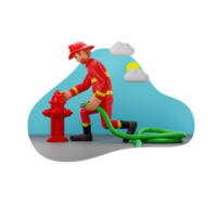 brandweerman passend pijp in hydrant, 3d karakter illustratie png