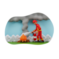 bomberos extinguiendo el fuego usando un extintor de incendios, ilustración de personajes en 3d